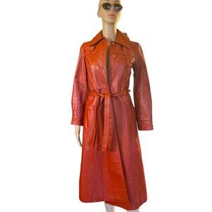 Vintage Genuine Leather Trench Coat Womens 5/6 Red Rust Belted Lined 70s Classic
